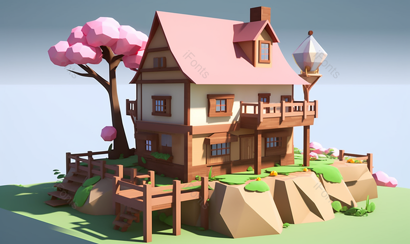 粉色树木二层小洋楼乡间景色,高清,摄影图,摄影图片,图片大全,摄影图免费下载